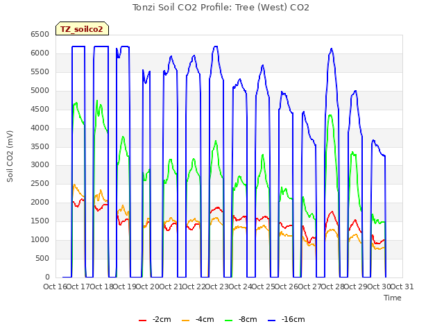 plot of Tonzi Soil CO2 Profile: Tree (West) CO2