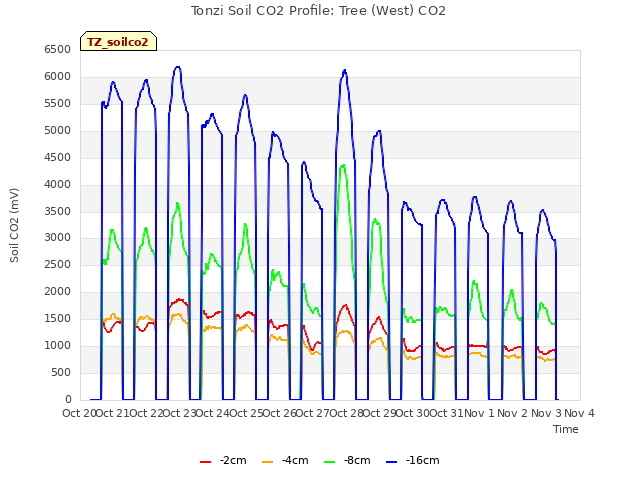 plot of Tonzi Soil CO2 Profile: Tree (West) CO2