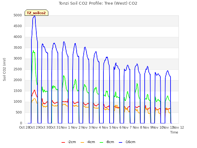 plot of Tonzi Soil CO2 Profile: Tree (West) CO2