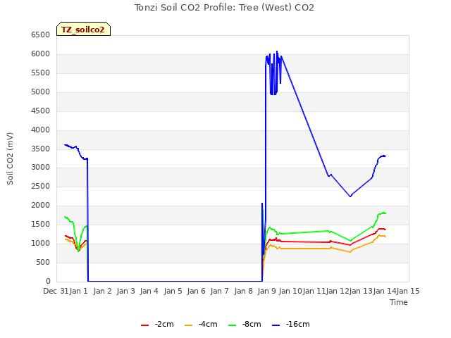 plot of Tonzi Soil CO2 Profile: Tree (West) CO2