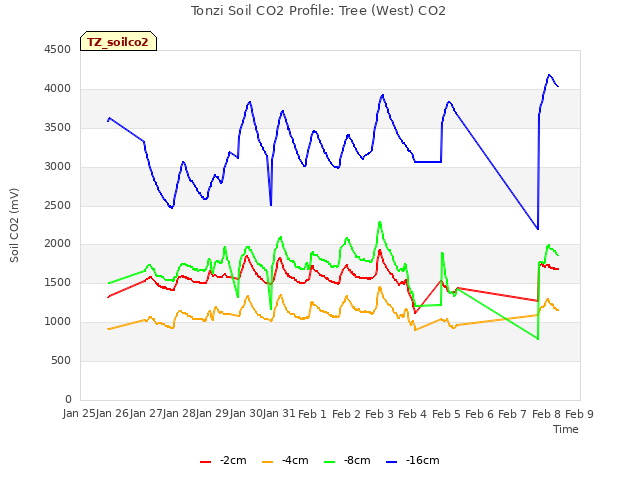 plot of Tonzi Soil CO2 Profile: Tree (West) CO2