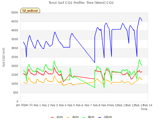 plot of Tonzi Soil CO2 Profile: Tree (West) CO2