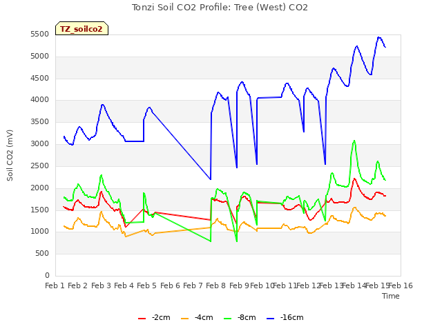 plot of Tonzi Soil CO2 Profile: Tree (West) CO2