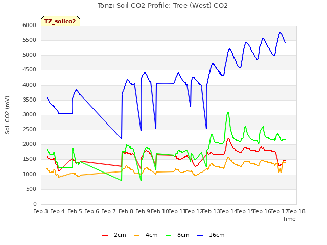 plot of Tonzi Soil CO2 Profile: Tree (West) CO2