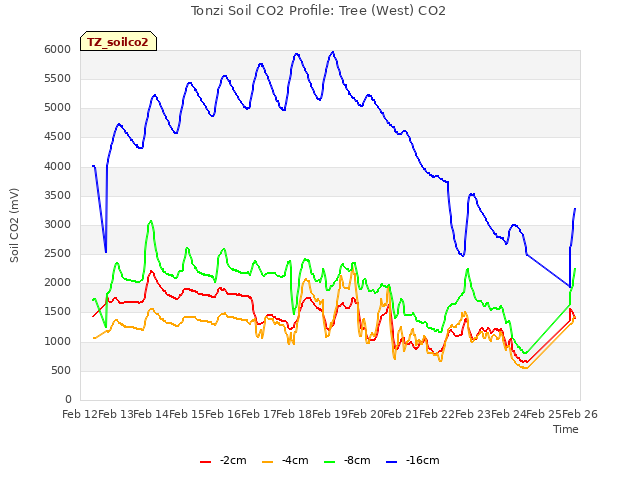 plot of Tonzi Soil CO2 Profile: Tree (West) CO2