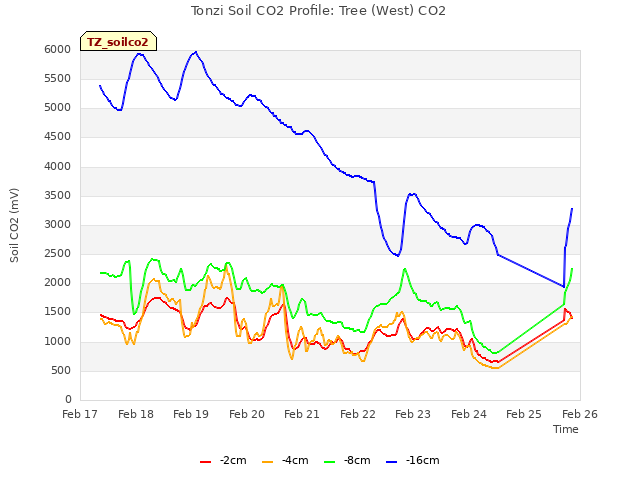 plot of Tonzi Soil CO2 Profile: Tree (West) CO2