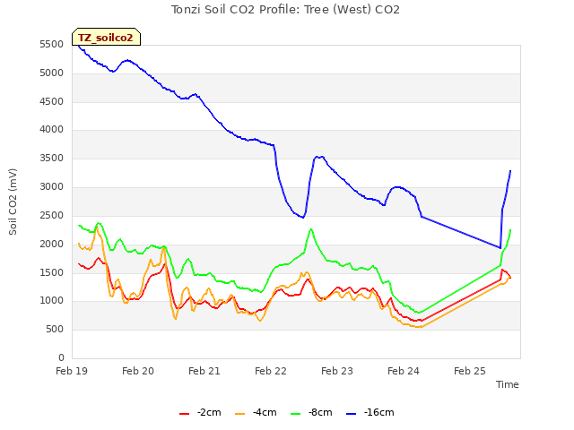 plot of Tonzi Soil CO2 Profile: Tree (West) CO2