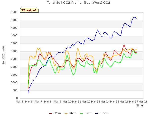 plot of Tonzi Soil CO2 Profile: Tree (West) CO2