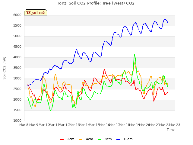 plot of Tonzi Soil CO2 Profile: Tree (West) CO2