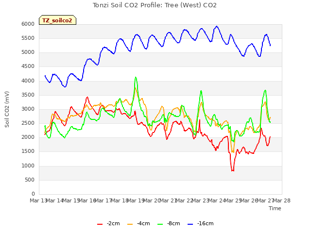 plot of Tonzi Soil CO2 Profile: Tree (West) CO2