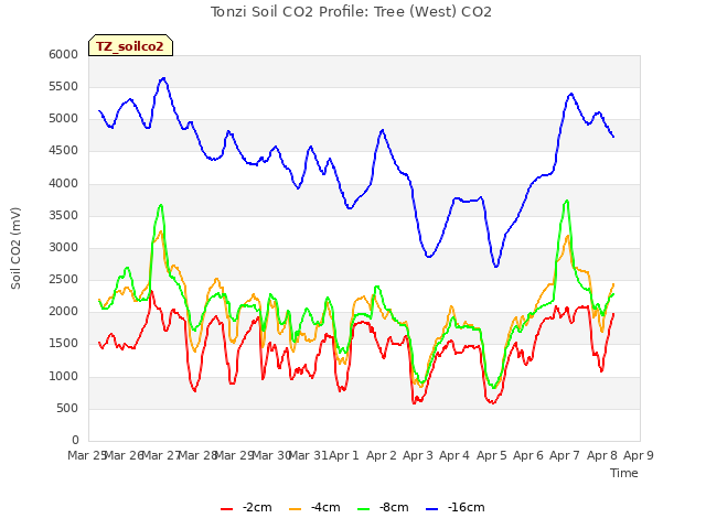 plot of Tonzi Soil CO2 Profile: Tree (West) CO2