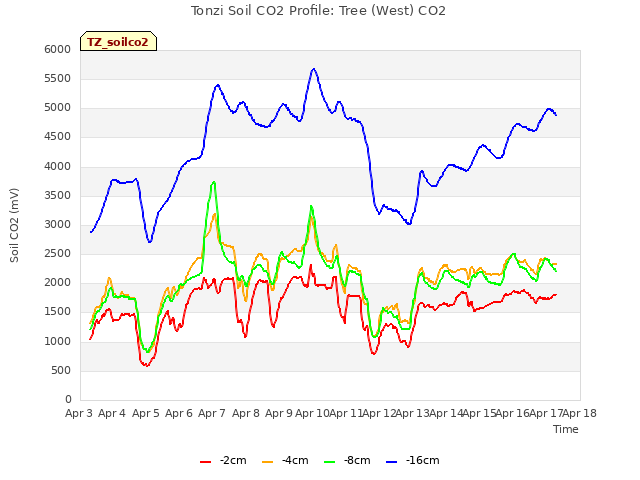 plot of Tonzi Soil CO2 Profile: Tree (West) CO2