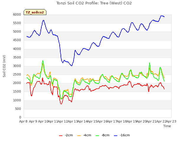 plot of Tonzi Soil CO2 Profile: Tree (West) CO2