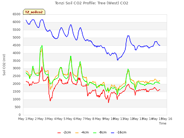 plot of Tonzi Soil CO2 Profile: Tree (West) CO2