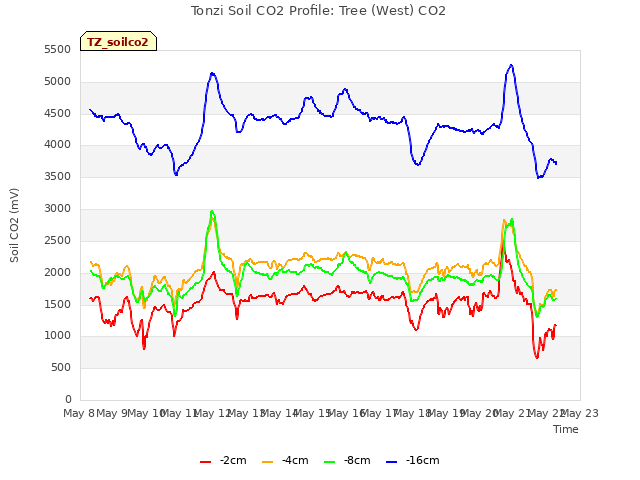 plot of Tonzi Soil CO2 Profile: Tree (West) CO2