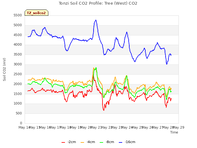 plot of Tonzi Soil CO2 Profile: Tree (West) CO2