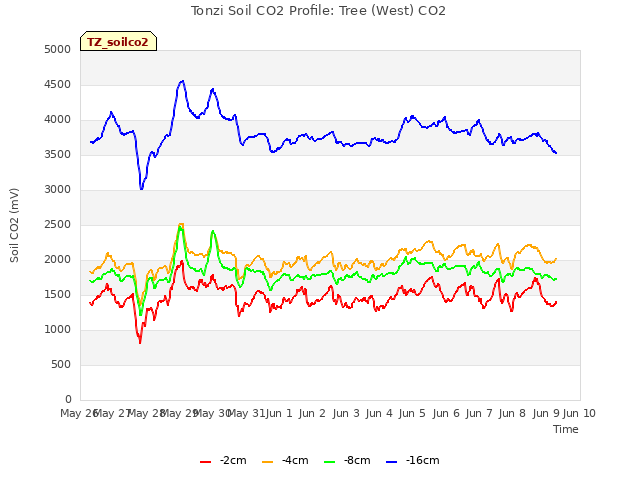 plot of Tonzi Soil CO2 Profile: Tree (West) CO2