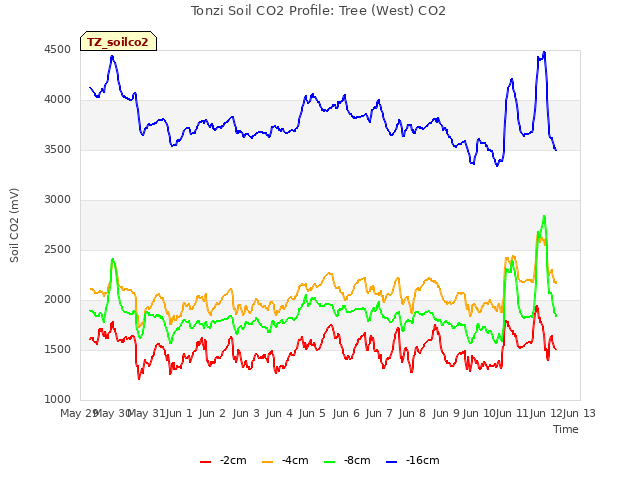 plot of Tonzi Soil CO2 Profile: Tree (West) CO2