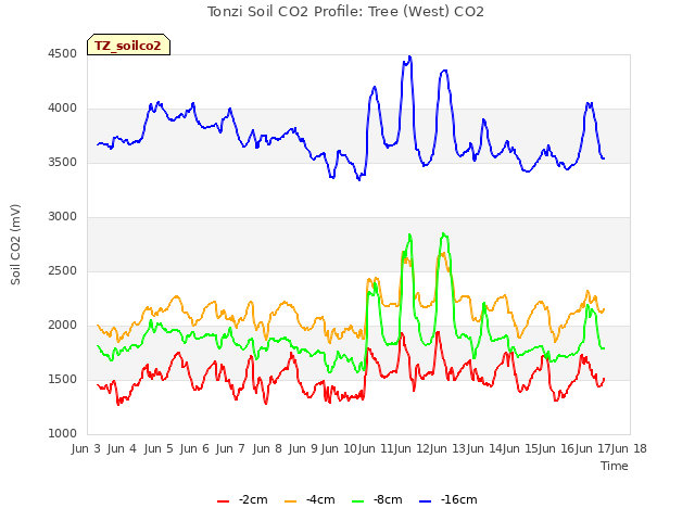 plot of Tonzi Soil CO2 Profile: Tree (West) CO2