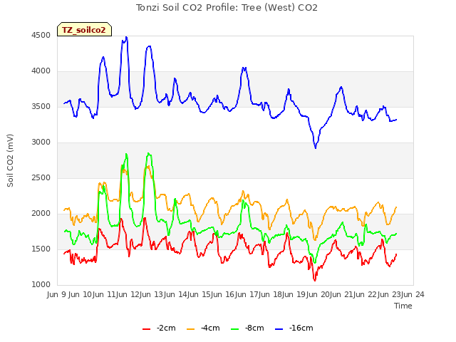 plot of Tonzi Soil CO2 Profile: Tree (West) CO2