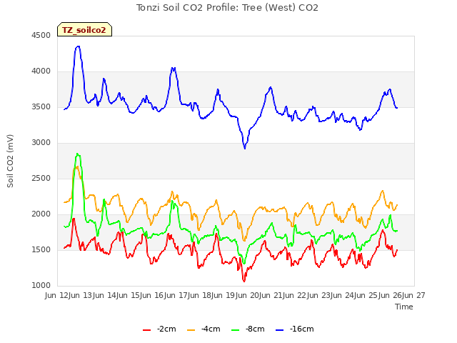 plot of Tonzi Soil CO2 Profile: Tree (West) CO2