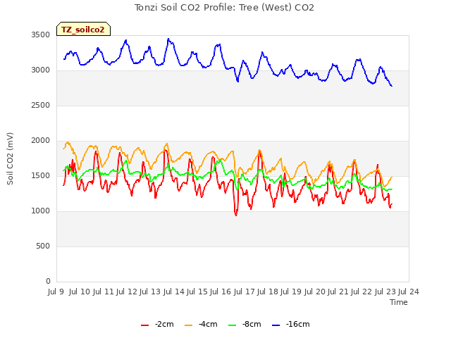 plot of Tonzi Soil CO2 Profile: Tree (West) CO2