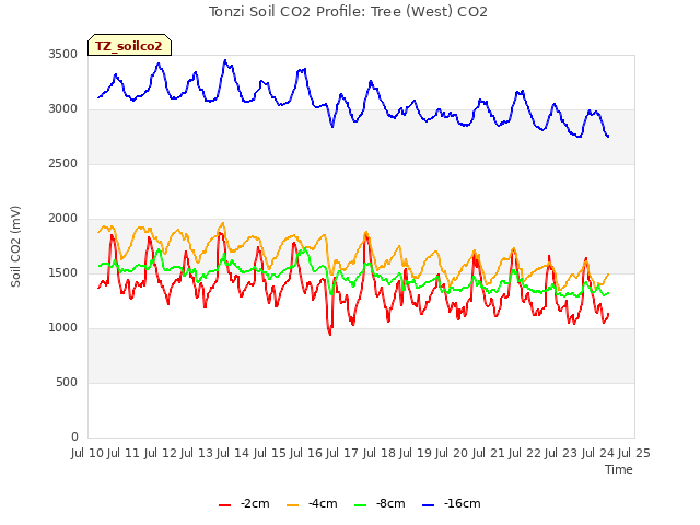 plot of Tonzi Soil CO2 Profile: Tree (West) CO2