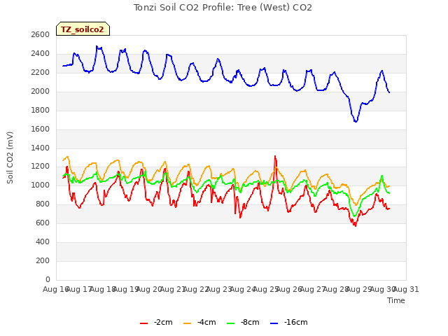 plot of Tonzi Soil CO2 Profile: Tree (West) CO2