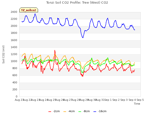 plot of Tonzi Soil CO2 Profile: Tree (West) CO2