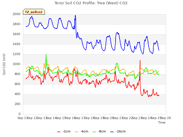 plot of Tonzi Soil CO2 Profile: Tree (West) CO2