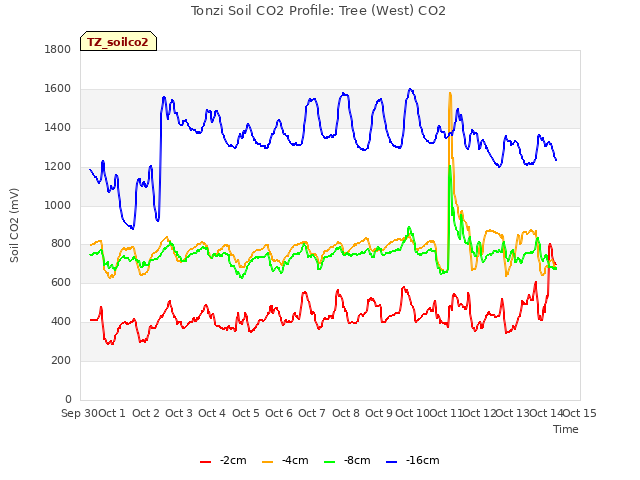 plot of Tonzi Soil CO2 Profile: Tree (West) CO2