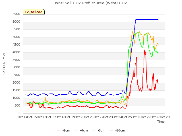 plot of Tonzi Soil CO2 Profile: Tree (West) CO2