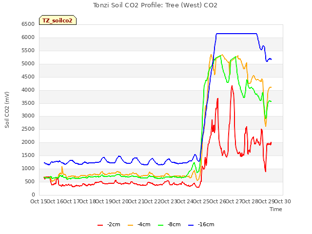 plot of Tonzi Soil CO2 Profile: Tree (West) CO2