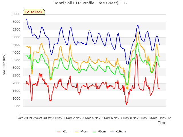 plot of Tonzi Soil CO2 Profile: Tree (West) CO2