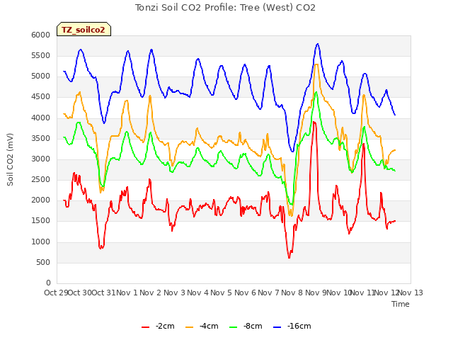 plot of Tonzi Soil CO2 Profile: Tree (West) CO2