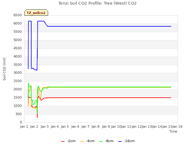 plot of Tonzi Soil CO2 Profile: Tree (West) CO2