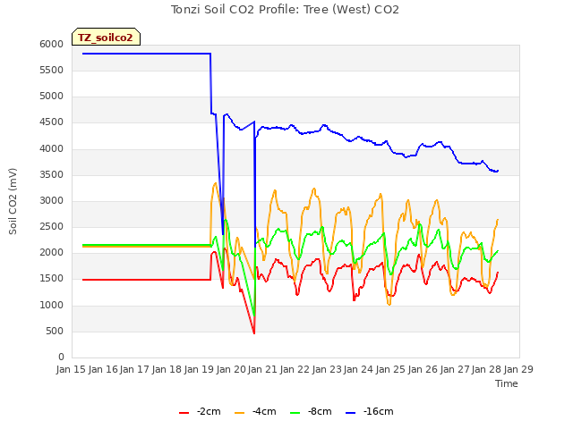 plot of Tonzi Soil CO2 Profile: Tree (West) CO2