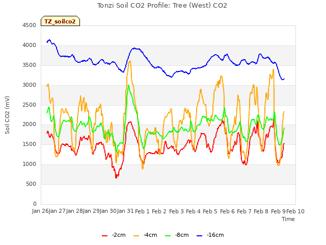 plot of Tonzi Soil CO2 Profile: Tree (West) CO2