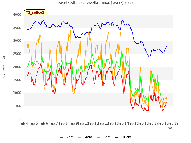 plot of Tonzi Soil CO2 Profile: Tree (West) CO2