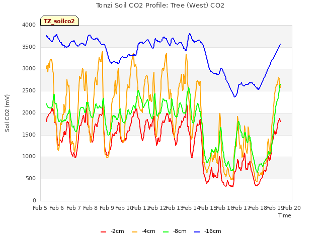 plot of Tonzi Soil CO2 Profile: Tree (West) CO2