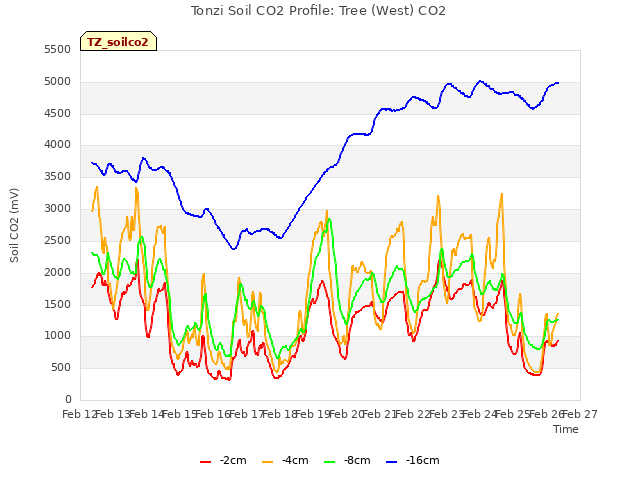 plot of Tonzi Soil CO2 Profile: Tree (West) CO2