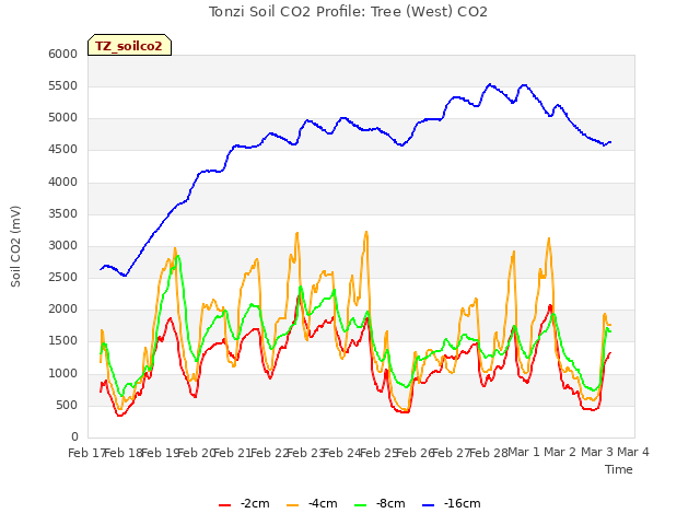 plot of Tonzi Soil CO2 Profile: Tree (West) CO2