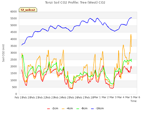 plot of Tonzi Soil CO2 Profile: Tree (West) CO2