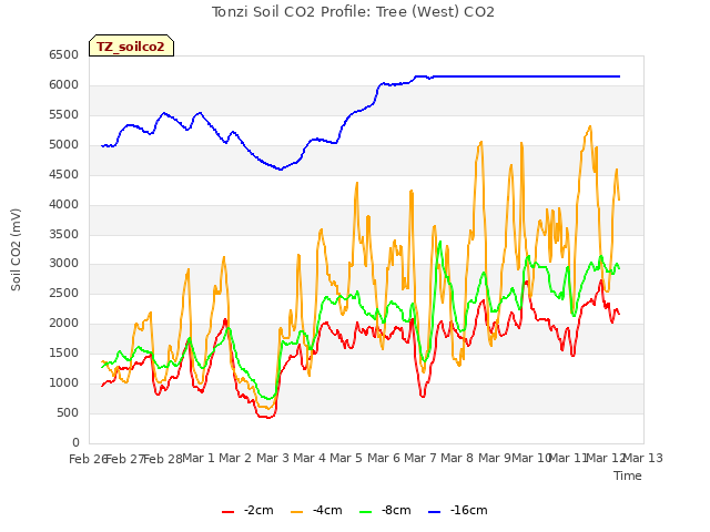 plot of Tonzi Soil CO2 Profile: Tree (West) CO2