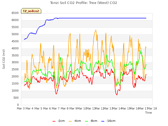 plot of Tonzi Soil CO2 Profile: Tree (West) CO2