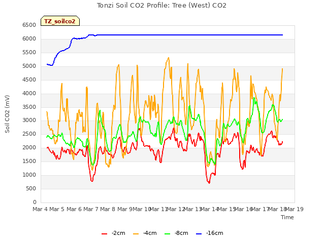 plot of Tonzi Soil CO2 Profile: Tree (West) CO2