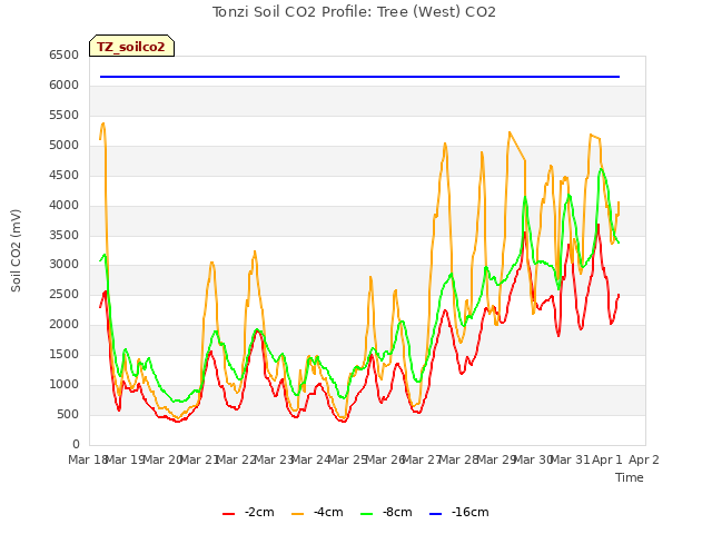 plot of Tonzi Soil CO2 Profile: Tree (West) CO2