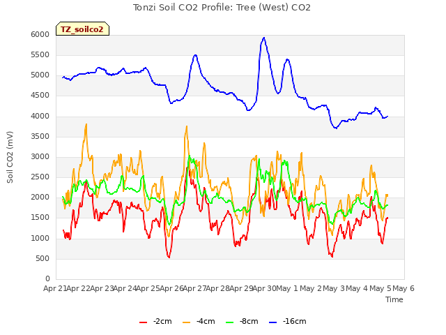 plot of Tonzi Soil CO2 Profile: Tree (West) CO2