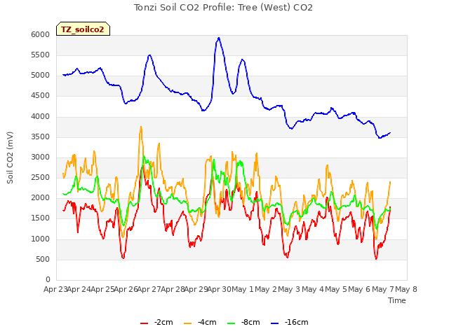 plot of Tonzi Soil CO2 Profile: Tree (West) CO2