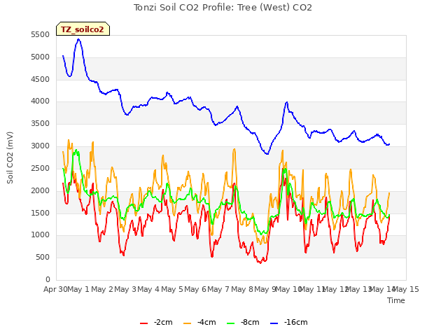 plot of Tonzi Soil CO2 Profile: Tree (West) CO2